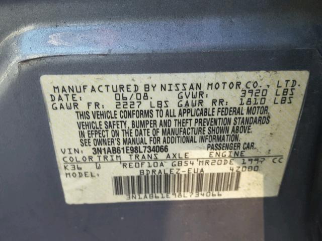 3N1AB61E98L734066 - 2008 NISSAN SENTRA 2.0 GRAY photo 10