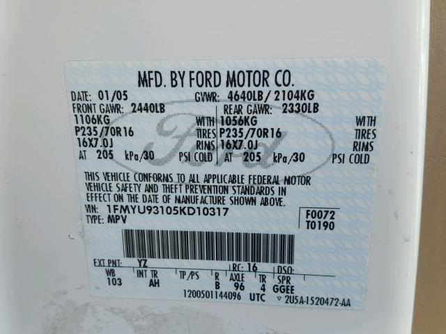 1FMYU93105KD10317 - 2005 FORD ESCAPE XLT WHITE photo 10