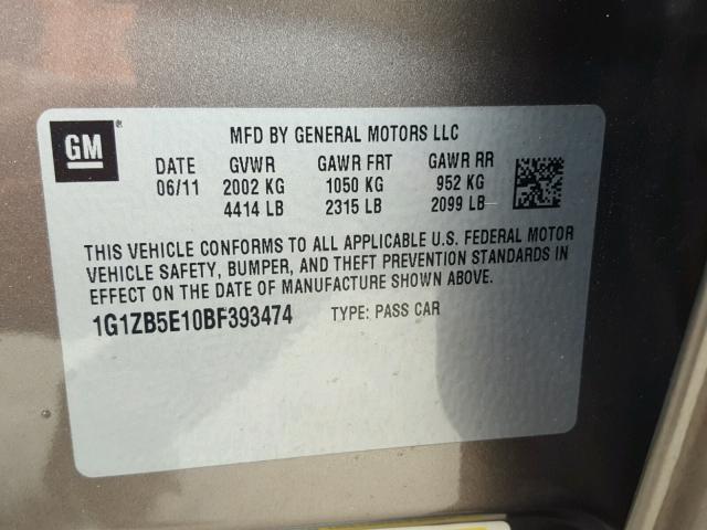 1G1ZB5E10BF393474 - 2011 CHEVROLET MALIBU LS 灰色 照片 10