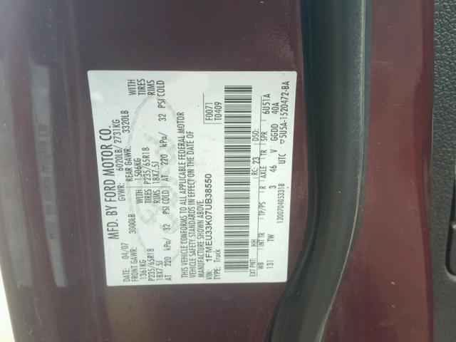 1FMEU33K07UB38550 - 2007 FORD EXPLORER S BURGUNDY photo 10