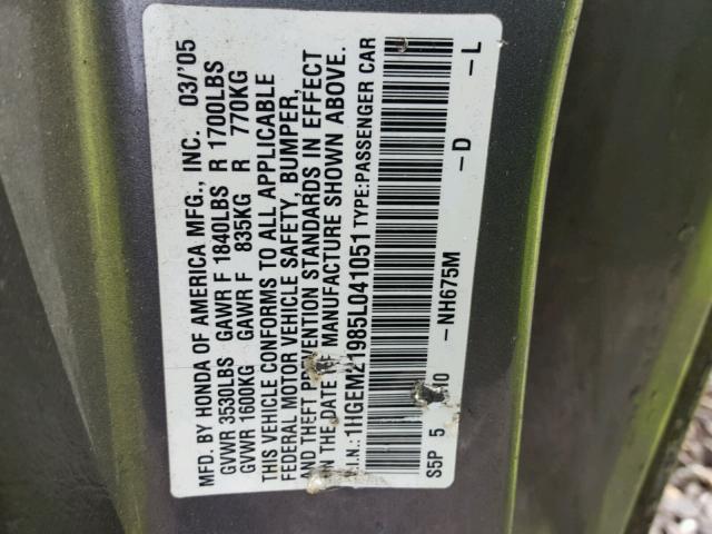 1HGEM21985L041051 - 2005 HONDA CIVIC EX ნაცრისფერი ფოტო 10