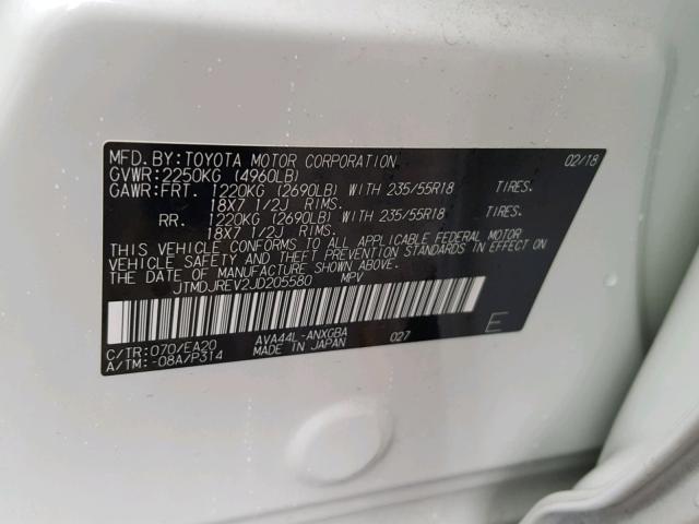 JTMDJREV2JD205580 - 2018 TOYOTA RAV4 HV LI CREAM photo 10