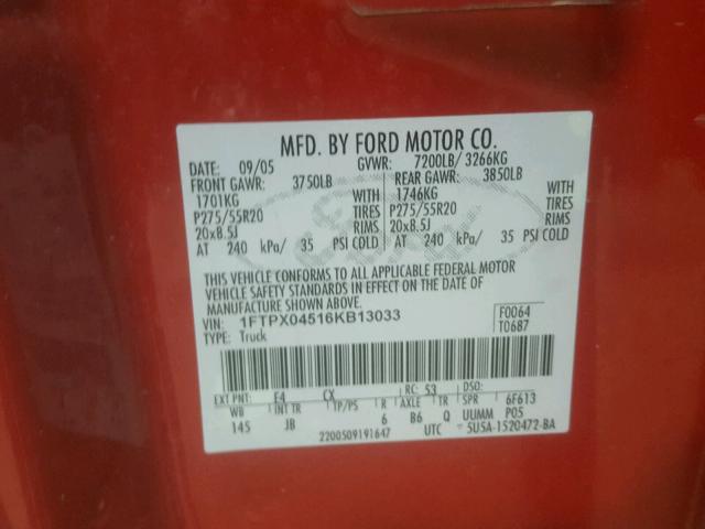 1FTPX04516KB13033 - 2006 FORD F150 RED photo 10