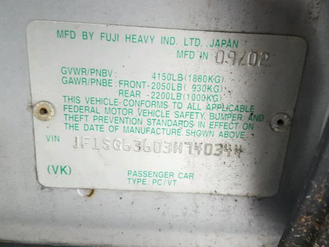 JF1SG63603H740344 - 2003 SUBARU FORESTER 2 SILVER photo 10