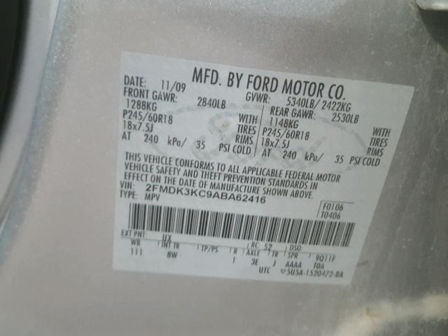 2FMDK3KC9ABA62416 - 2010 FORD EDGE LIMIT SILVER photo 10