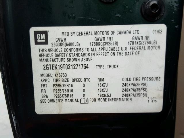 2GTEK19T021271764 - 2002 GMC NEW SIERRA GREEN photo 10