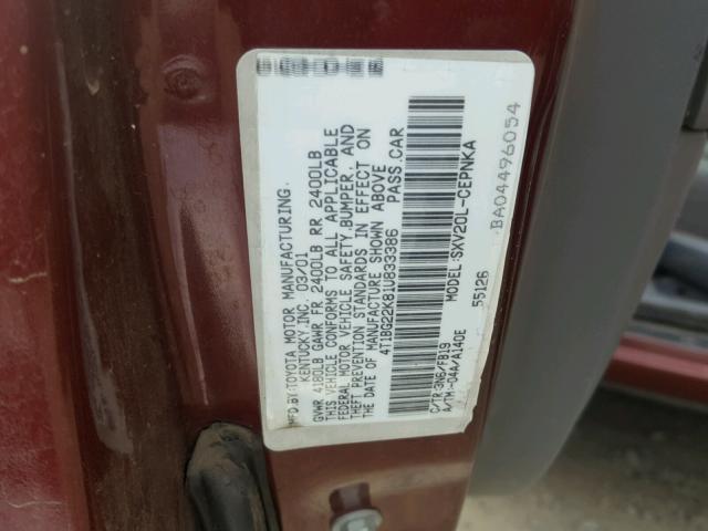 4T1BG22K81U833386 - 2001 TOYOTA CAMRY CE RED photo 10