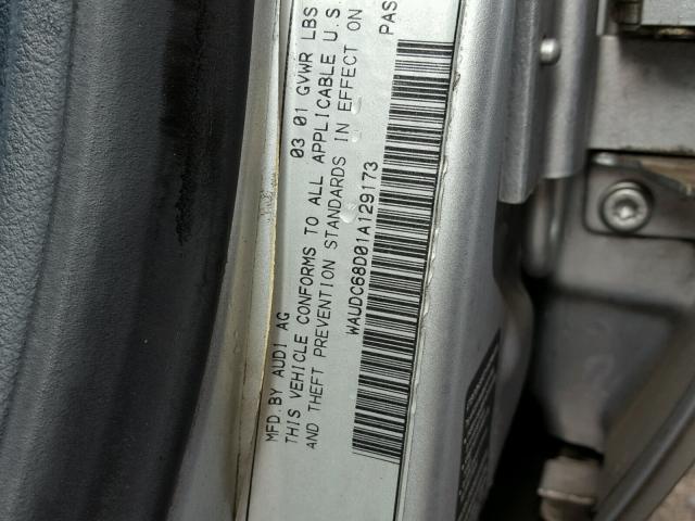 WAUDC68D01A129173 - 2001 AUDI A4 1.8T QU GRAY photo 10