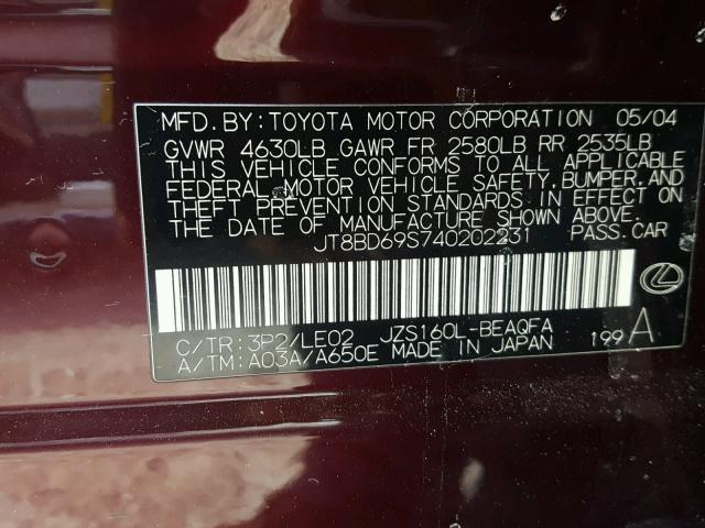 JT8BD69S740202231 - 2004 LEXUS GS 300 MAROON photo 10