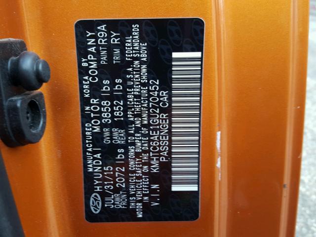 KMHTC6AE1GU270452 - 2016 HYUNDAI VELOSTER T ORANGE photo 10