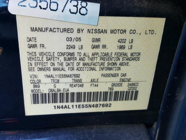 1N4AL11E55N487692 - 2005 NISSAN ALTIMA S BLUE photo 10