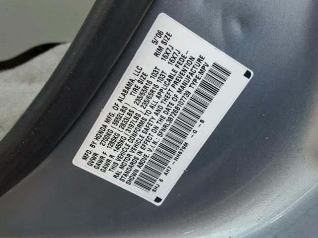 5FNRL38726B107739 - 2006 HONDA ODYSSEY EX SILVER photo 10