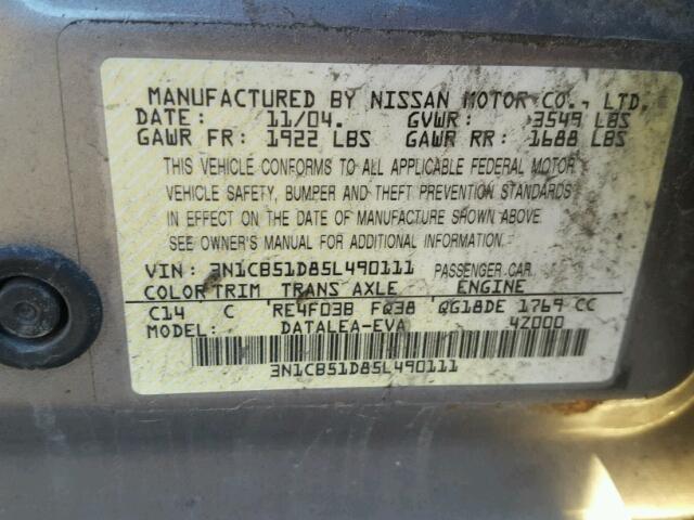 3N1CB51D85L490111 - 2005 NISSAN SENTRA 1.8 GRAY photo 10