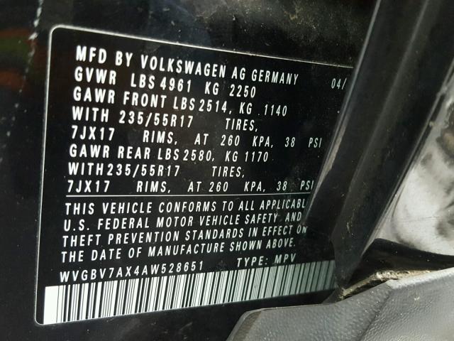 WVGBV7AX4AW528651 - 2010 VOLKSWAGEN TIGUAN SE BLACK photo 10