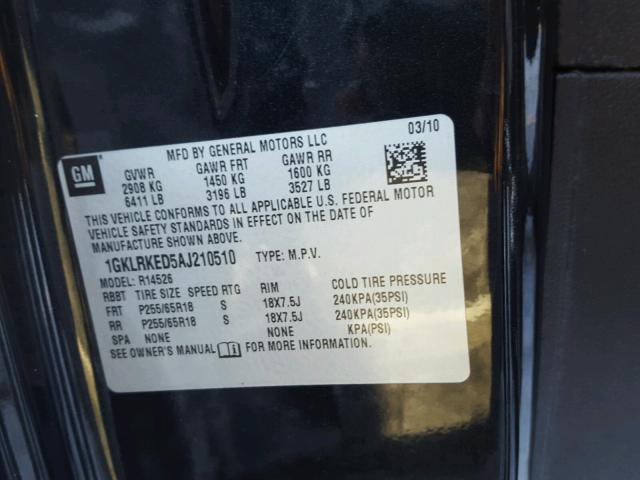 1GKLRKED5AJ210510 - 2010 GMC ACADIA SL BLACK photo 10