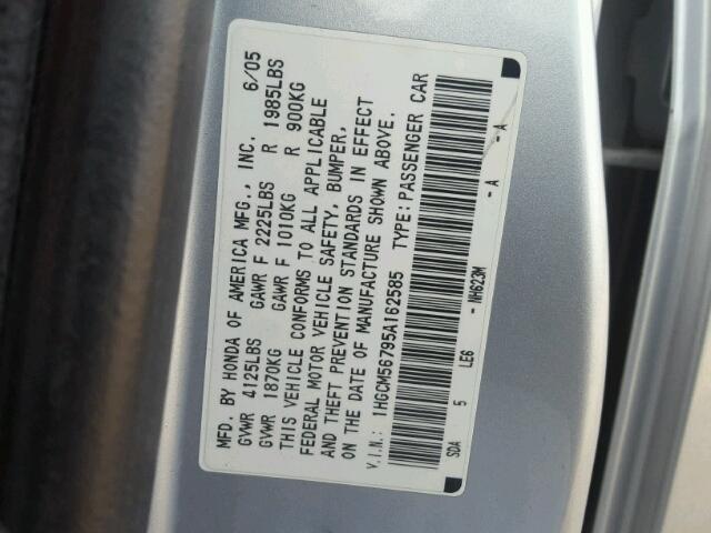 1HGCM56795A162585 - 2005 HONDA ACCORD EX SILVER photo 10