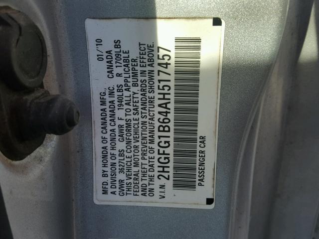 2HGFG1B64AH517457 - 2010 HONDA CIVIC LX SILVER photo 10