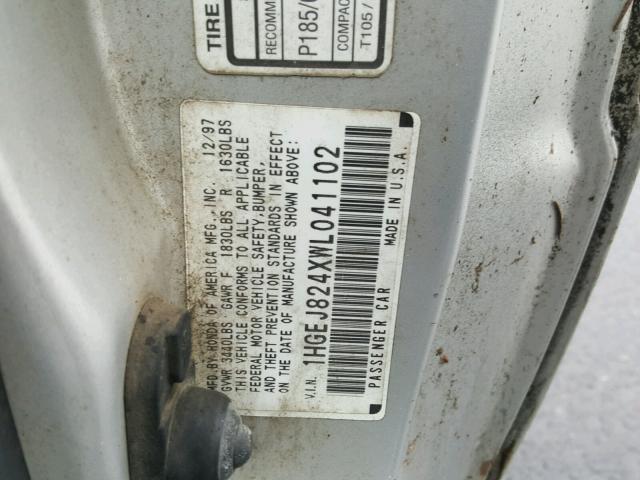 1HGEJ824XWL041102 - 1998 HONDA CIVIC EX SILVER photo 10