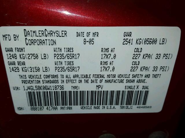 1J4GL58K06W118736 - 2006 JEEP LIBERTY LI RED photo 10