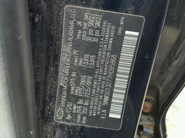 5NMSG13D77H095868 - 2007 HYUNDAI SANTA FE G BLUE photo 10