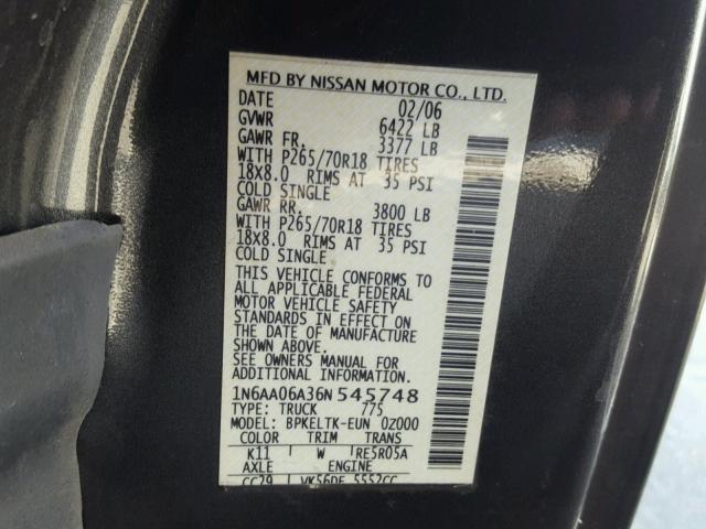 1N6AA06A36N545748 - 2006 NISSAN TITAN XE CHARCOAL photo 10