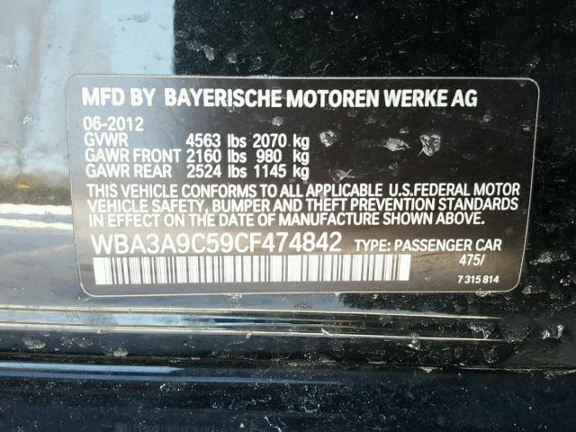 WBA3A9C59CF474842 - 2012 BMW 335 I BLACK photo 10