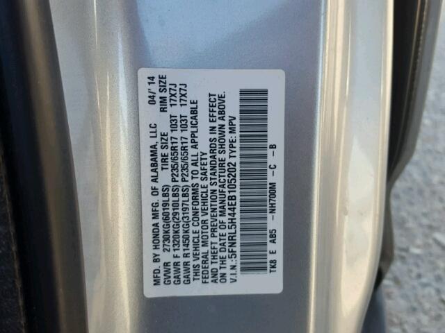 5FNRL5H44EB105202 - 2014 HONDA ODYSSEY EX SILVER photo 10