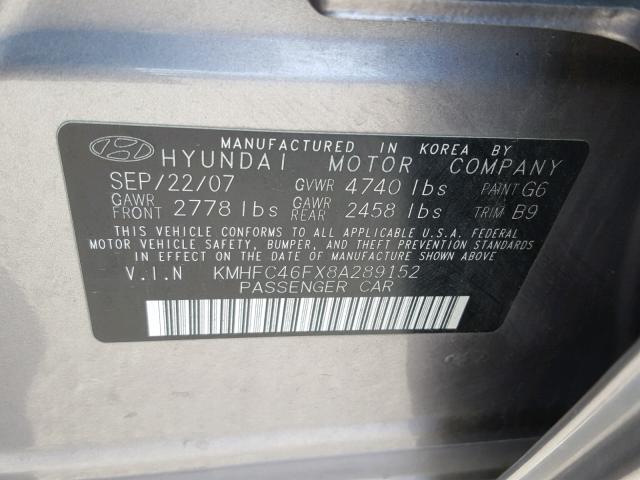 KMHFC46FX8A289152 - 2008 HYUNDAI AZERA SE SILVER photo 10