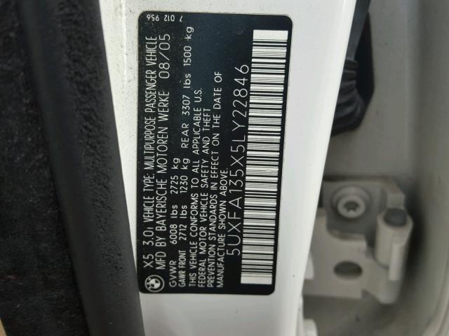 5UXFA135X5LY22846 - 2005 BMW X5 3.0I WHITE photo 10