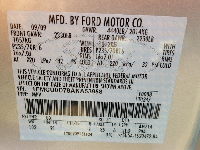 1FMCU0D78AKA53958 - 2010 FORD ESCAPE XLT SILVER photo 10