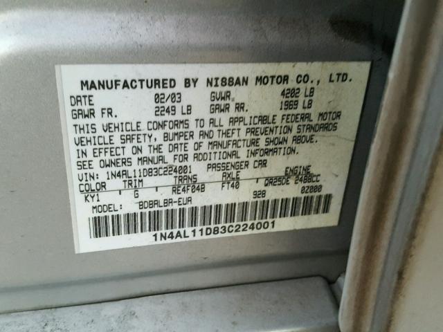 1N4AL11D83C224001 - 2003 NISSAN ALTIMA BAS SILVER photo 10