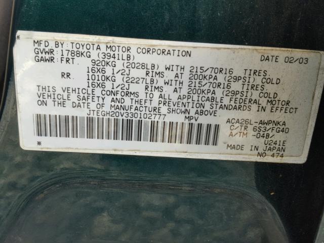 JTEGH20V330102777 - 2003 TOYOTA RAV4 GREEN photo 10