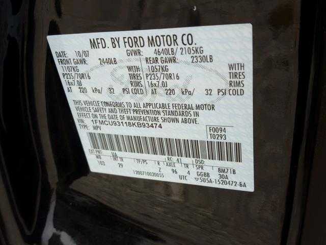 1FMCU93118KB93474 - 2008 FORD ESCAPE XLT BLACK photo 10