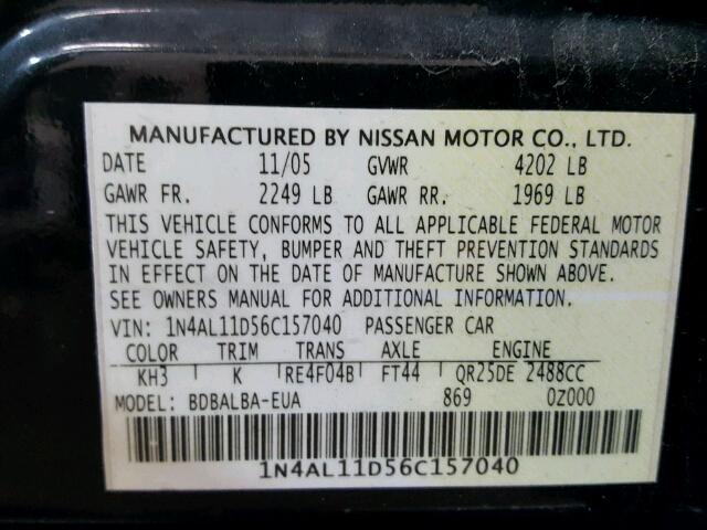 1N4AL11D56C157040 - 2006 NISSAN ALTIMA S BLACK photo 10