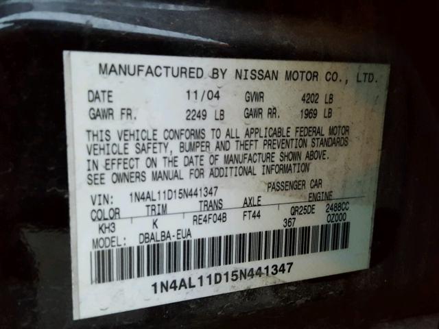 1N4AL11D15N441347 - 2005 NISSAN ALTIMA S BLACK photo 10