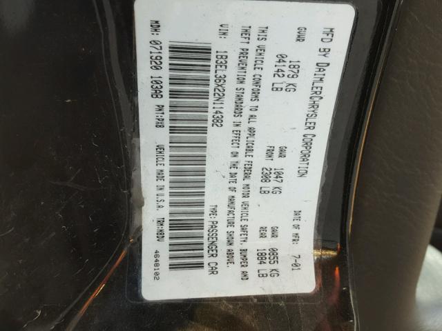 1B3EL36X22N114382 - 2002 DODGE STRATUS SE BLACK photo 10