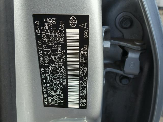 JTDBT923081272646 - 2008 TOYOTA YARIS SILVER photo 10