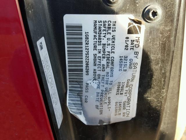 1G8ZR12752Z206209 - 2002 SATURN SC2 RED photo 10