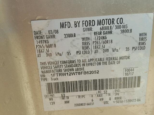 1FTRW12W78FB62052 - 2008 FORD F150 SUPER GOLD photo 10