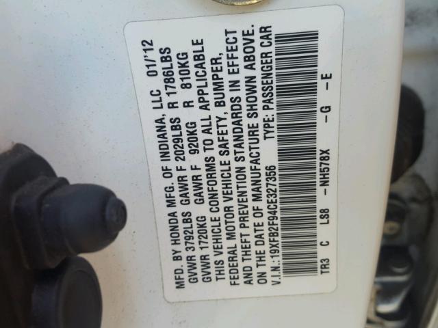 19XFB2F94CE327356 - 2012 HONDA CIVIC EXL თეთრი ფოტო 10