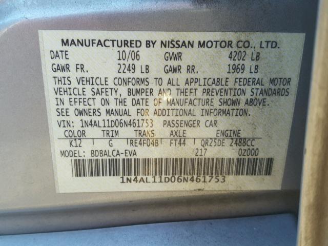 1N4AL11D06N461753 - 2006 NISSAN ALTIMA S SILVER photo 10