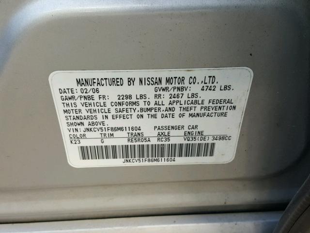 JNKCV51F86M611604 - 2006 INFINITI G35 SILVER photo 10