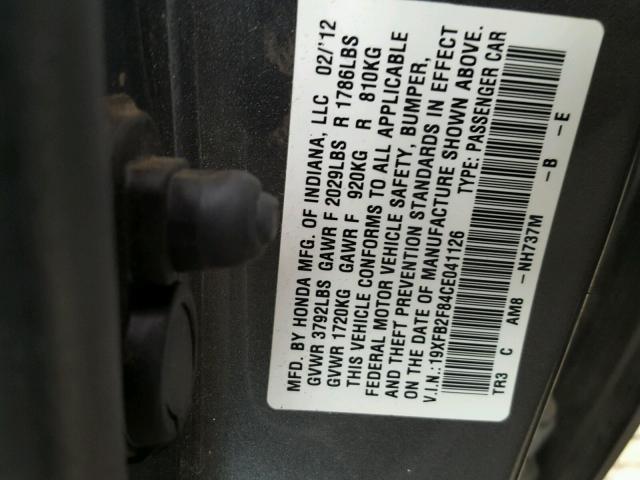 19XFB2F84CE041126 - 2012 HONDA CIVIC EX GRAY photo 10