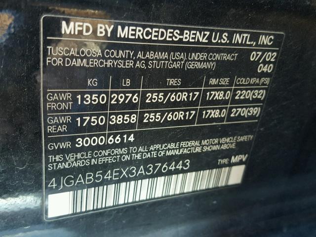 4JGAB54EX3A376443 - 2003 MERCEDES-BENZ ML 320 BLACK photo 10