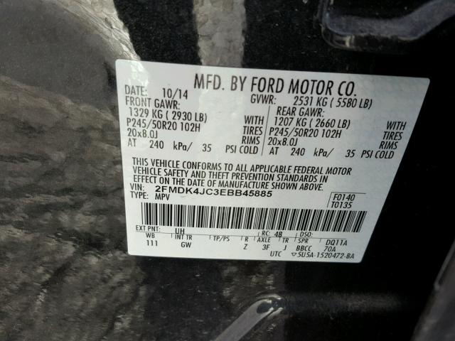 2FMDK4JC3EBB45885 - 2014 FORD EDGE SEL BLACK photo 10