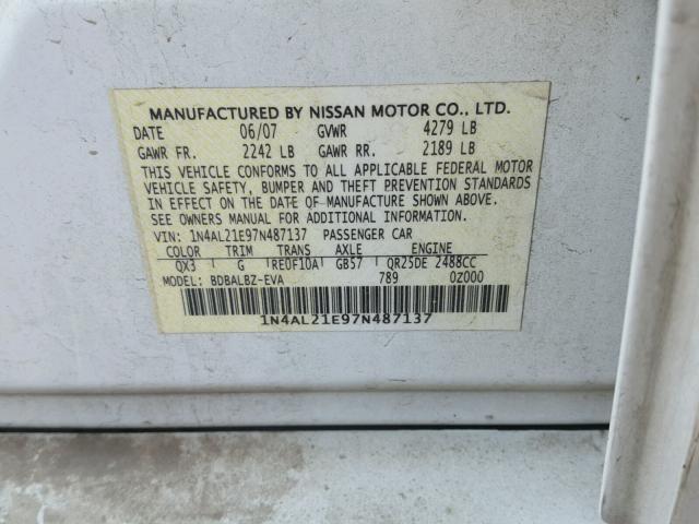 1N4AL21E97N487137 - 2007 NISSAN ALTIMA 2.5 WHITE photo 10