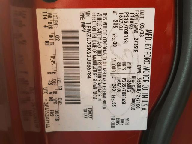 1FMZU72K63UB86784 - 2003 FORD EXPLORER X RED photo 10