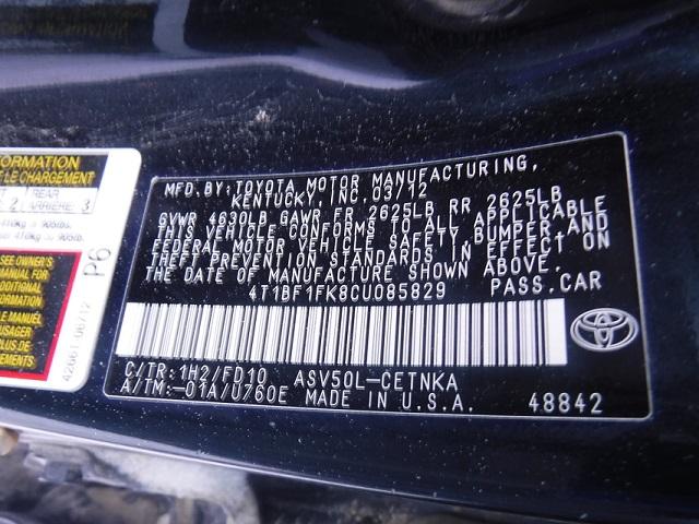 4T1BF1FK8CU085829 - 2012 TOYOTA CAMRY BASE BLACK photo 10