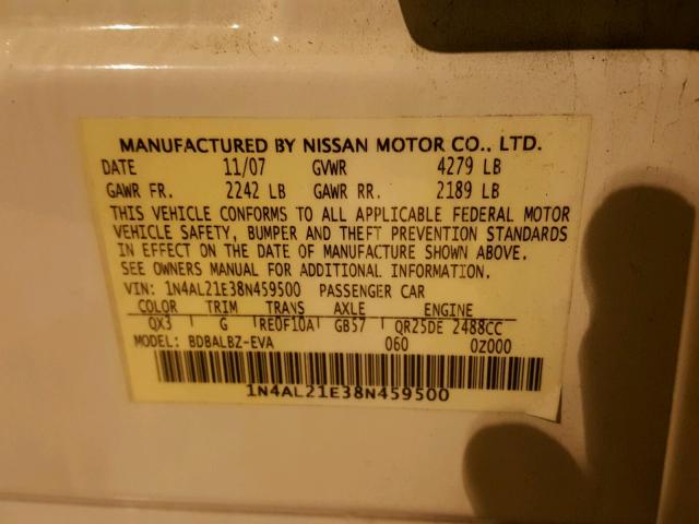 1N4AL21E38N459500 - 2008 NISSAN ALTIMA 2.5 WHITE photo 10