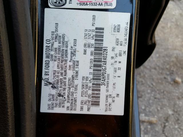 3FAHP0JG7AR403281 - 2010 FORD FUSION SEL BLACK photo 10